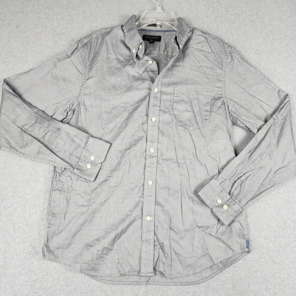 Banana Republic Shirt Mens L Gray Oxford Untucked Fit Long Sleeve Button Down